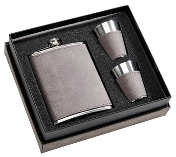 Grey Leatherette Flask & Stainless Steel Shot Glass Set